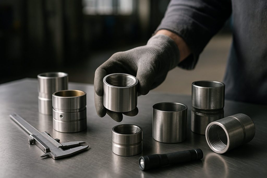 A gloved technician examines a stainless steel pipe coupling on a workbench with various premium pipe extension fittings, a caliper, and flashlight. The scene highlights expert product selection, quality materials, surface textures, and realistic industrial detail in a well-lit warehouse setting.