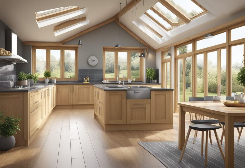 An oak frame kitchen extension with large windows, flooding the space with natural light, and a spacious, open layout
