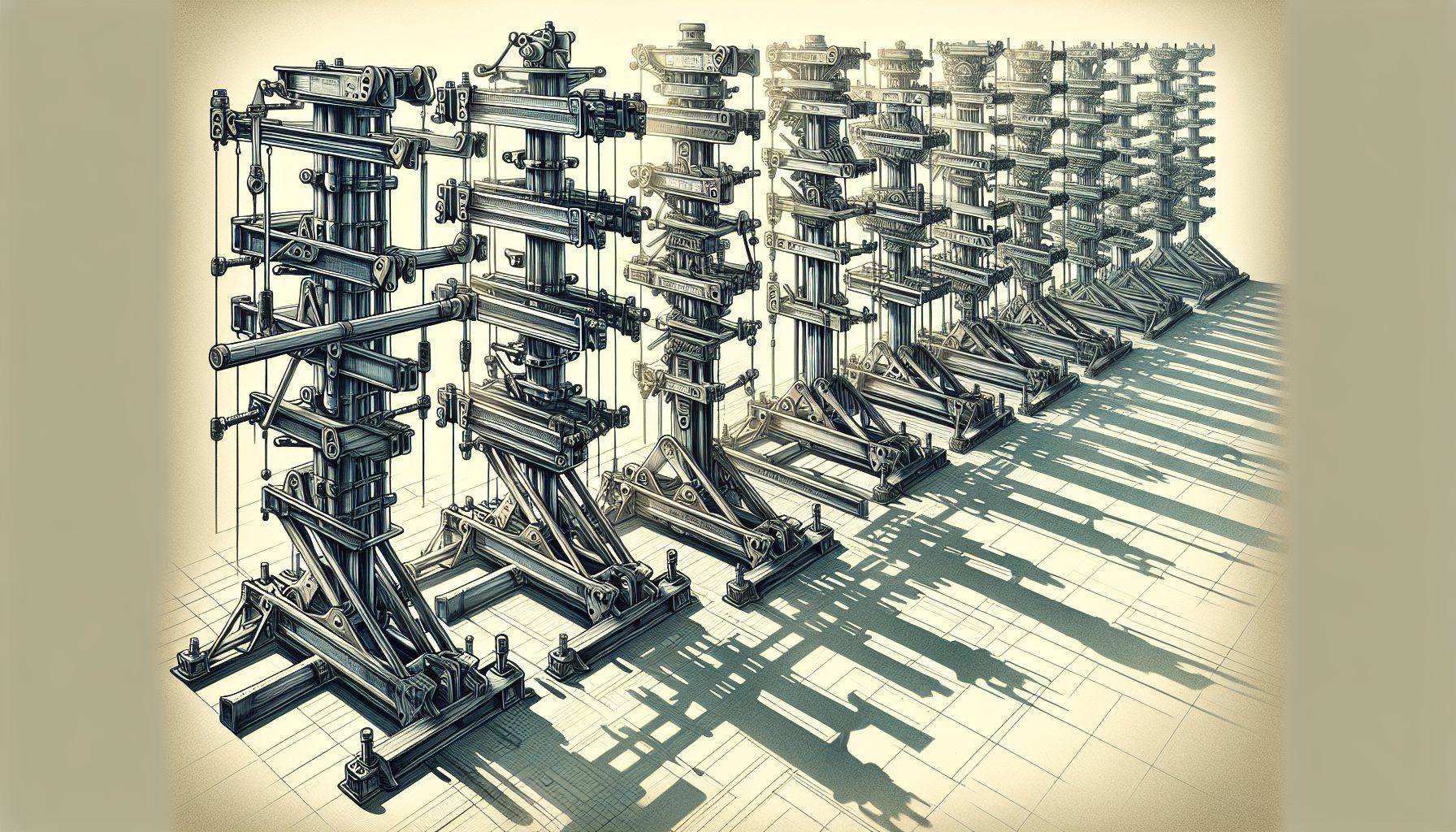 A visual representation of various sizes of acrow props.