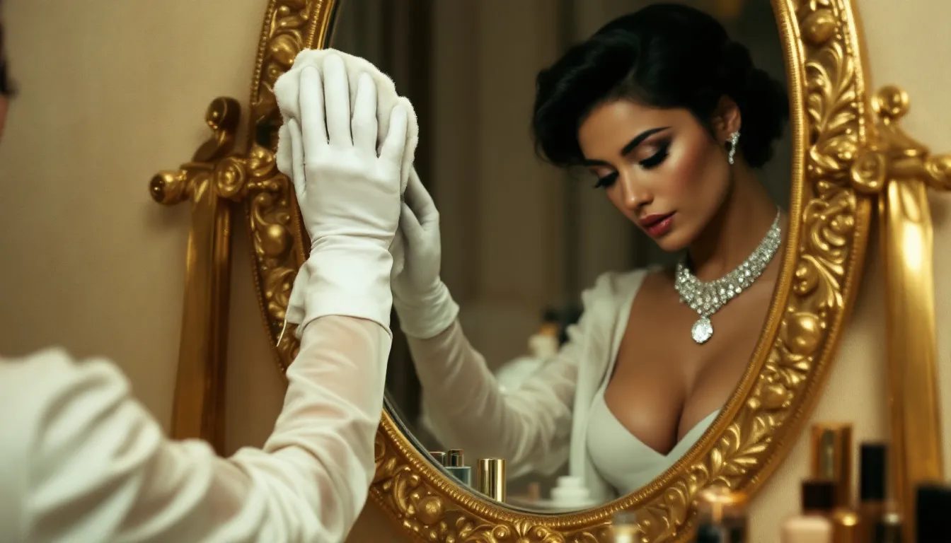 A person cleaning a tabletop Hollywood mirror, ensuring it stays pristine.