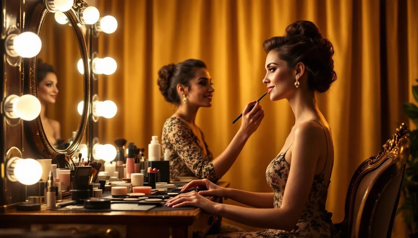 A makeup routine enhanced by Hollywood mirror lights, illuminating the process.