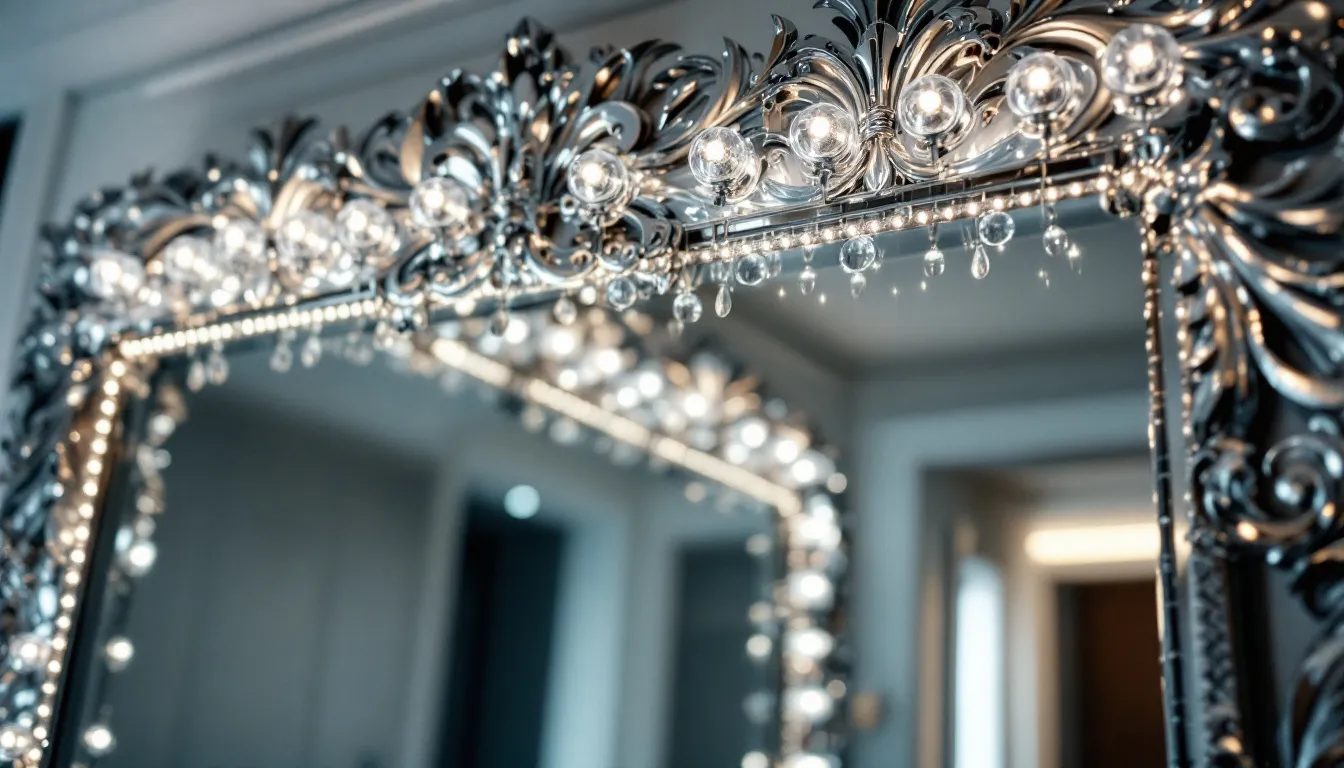 A stylish illuminated mirror with Hollywood mirror lights, showcasing its bright lighting features.