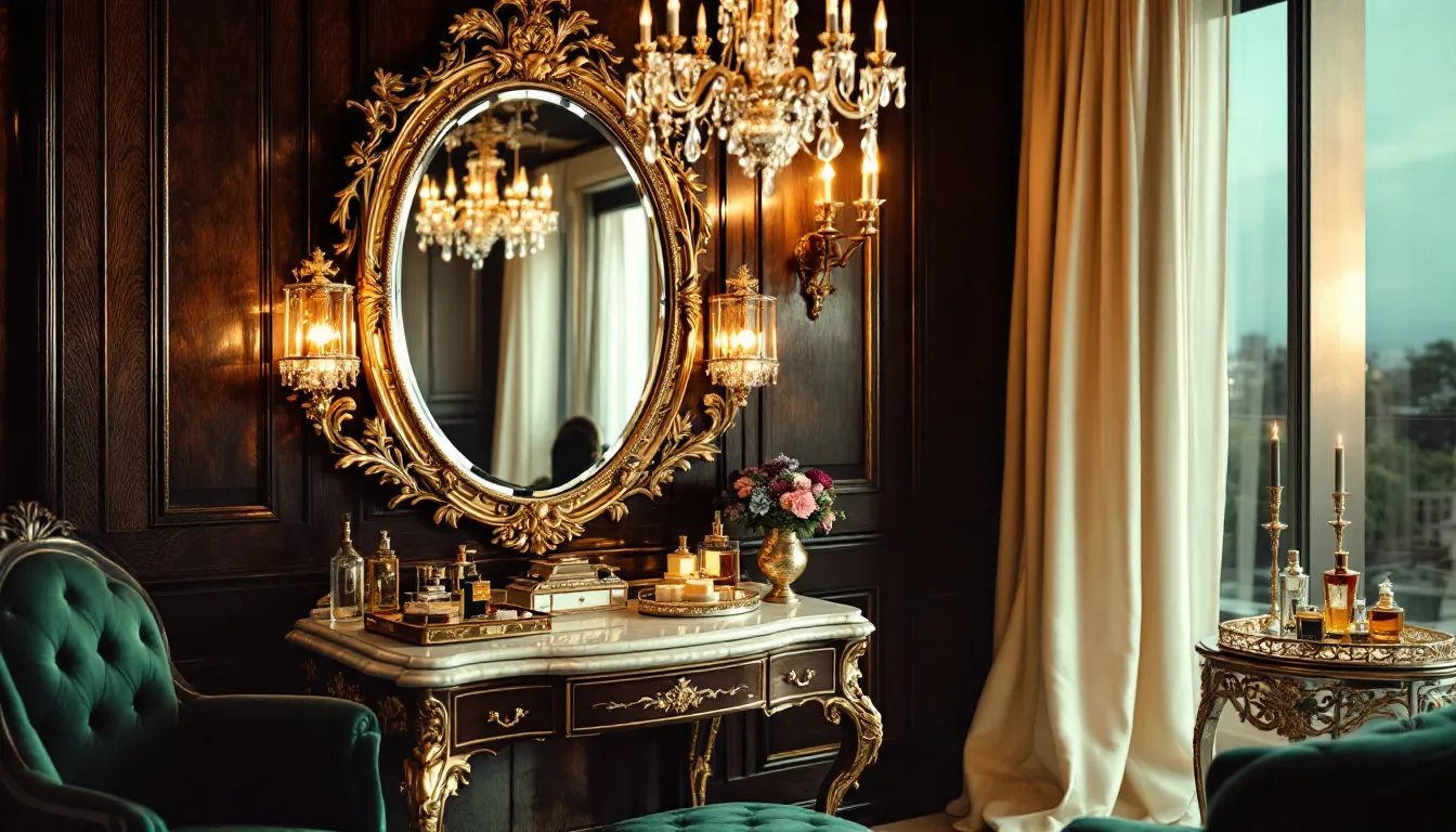 A beautifully styled dressing space featuring a tabletop mirror.