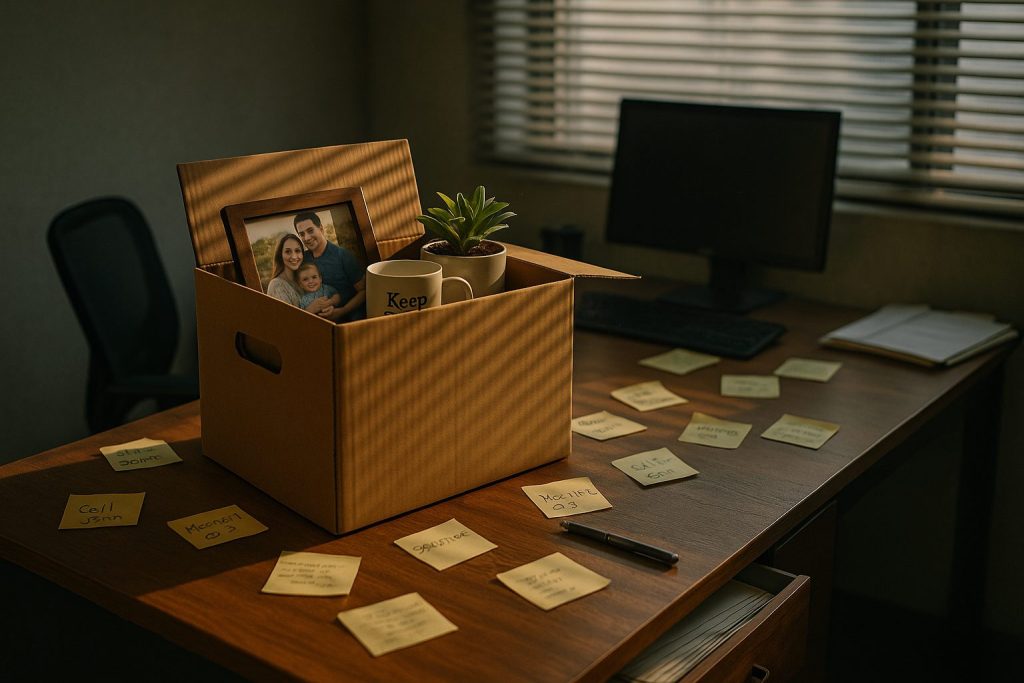 A modern office with a half-packed box on the desk. Personal items suggest reasons for leaving a job, including a family photo and a motivational mug. Scattered post-its and untouched paperwork hint at stress. Shadows and natural light create a contemplative mood.